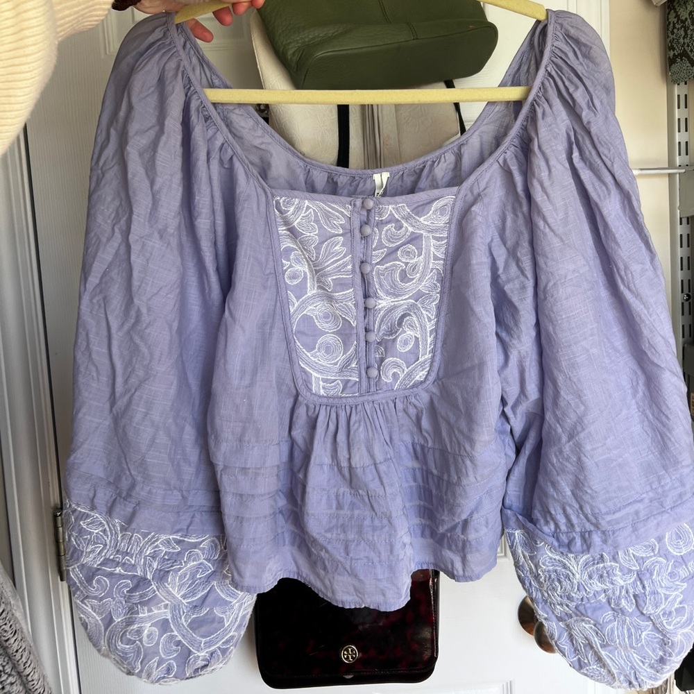Anthropologie Purple Blouse with White Embroidery